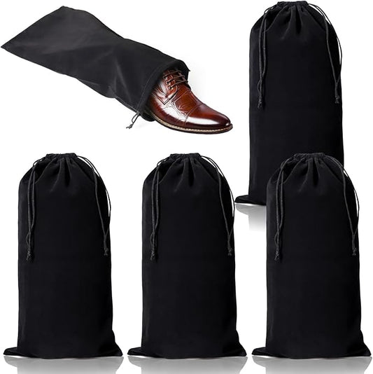 hoe Dust Bags, 4 Pack Black Duster Flannel Single Shoe Pouch with Drawstring Closure, 8x17" Shoe Bags for Travel, Home, Luggage, Handbags, Accessories, Men, and Women