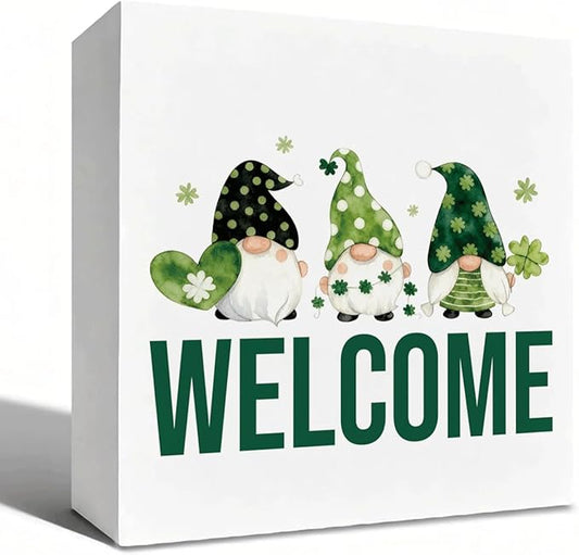 St. Patrick's Day Welcome Decor Wooden Box Sign, Irish Gnome Tabletop Welcome Sign for Home Entryway Shelf Desk, Cute Farmhouse Holiday Wooden Decoration for Irish Theme Home 5 x 5 Inches