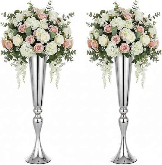 Set of 2 Versatile Metal Tabletop Flower Stands, Silver Dining Table Centerpiece Vases, 21.9" Tall Trumpet Vases for Wedding Birthday Ceremony Party Special Event Home Décor