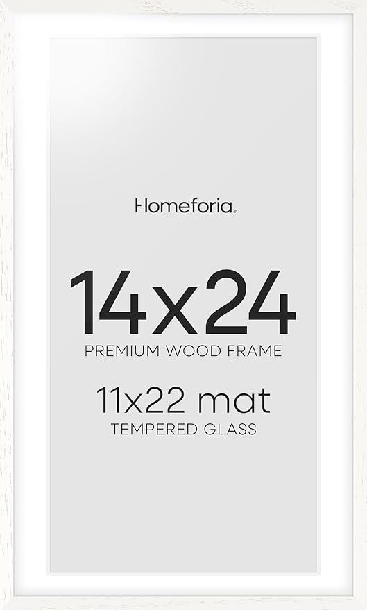 Homeforia 14x24 White Picture Frame, High End Oak 14x24 White Wooden Poster Frames with Mat 11x22 for Print, 14 x 24 Wood Frame Matted to 11 x 22 Photo, 24x14 Frame, Tempered Glass, Wall Kit, Set of 1