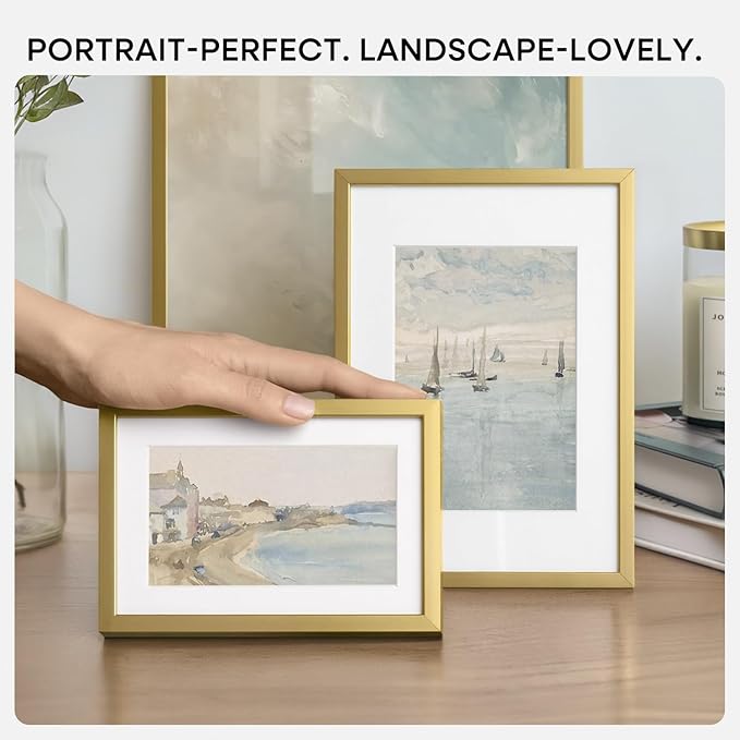 Homeforia A5 Picture Frame Gold, High End Metal 5.8 x 8.3 Frames Matted to 4.1 by 5.8 inch Photo, A5 Frame with Mat A6, 5.8x8.3 Poster Frames, 8.3x5.8 Display Frame, Tempered Glass, Wall Kit, Set of 1