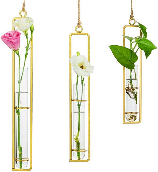 Sziqiqi Glass Propagation Station Test Tube Vases Clear Glass for Cuttings, Buds, Greenery Hydroponic Plant Propagation Home Balcony Bath Wall Decoration Floral Container Set of 3 Gold