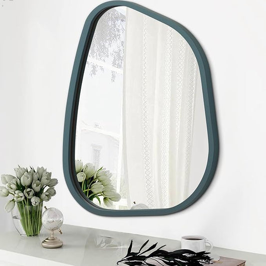 Irregular Wooden Framed Wall Mirror Modern Asymmetrical Unique Hanging Mirror Artistic Mirror Decor Bathroom Vanity Bedroom Living Room Entryway Hallway 16'' x 12''