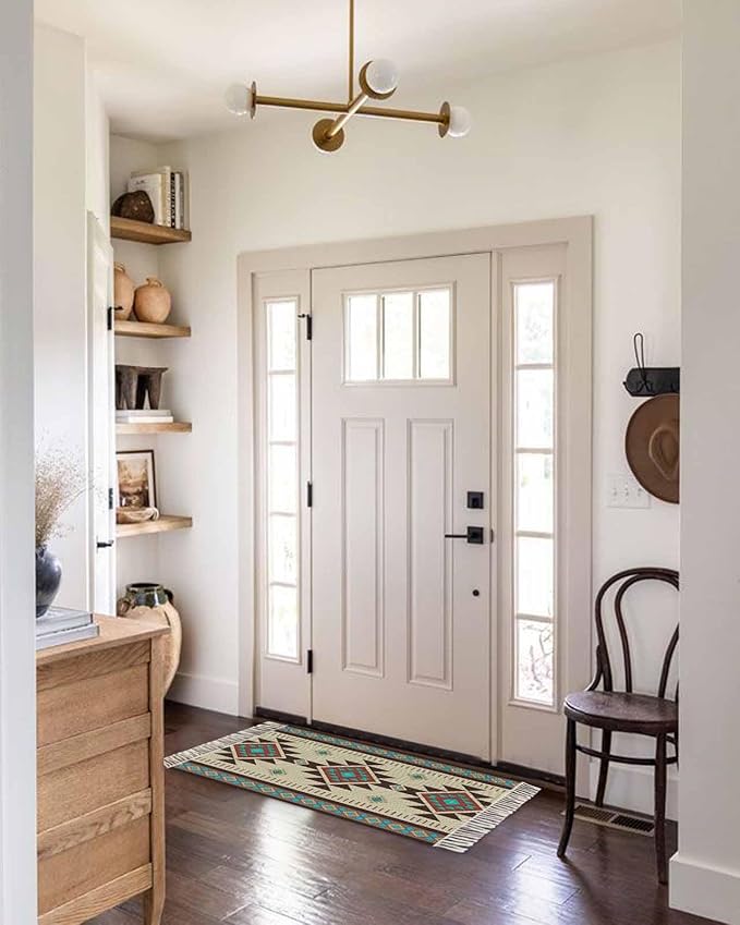 Boho Southwestern Runner Rug 2X4 Ft Entryway Outdoor Indoor Mat, Washable Woven Aztec Abstract Geometric Throw Carpet with Tassel, Non-Shedding Vintage Native American Patterned Hallway Bath Mats