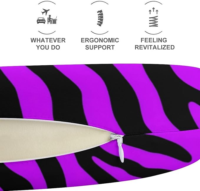 Memory Foam U-Shape Travel Pillow, Animal Purple Tiger Stripes Art U-Shaped, Neck Support Compact for Airplane Bus Rest, Washable Cover Breathable