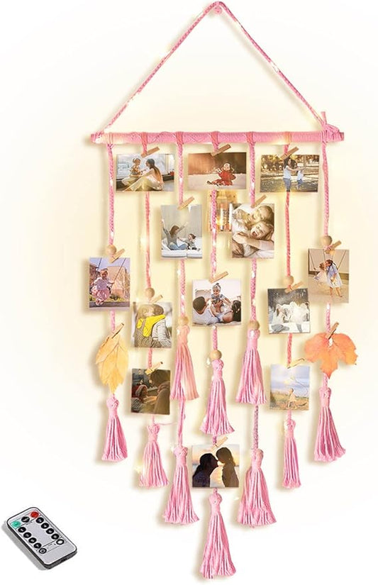 Hanging Photo Display Wall Decor, Pink Macrame Wall Hanging Boho Room Bedroom Decor, Picture Frame Collage with Remote Light & 30 Clips, Christmas Teenage Teen Girl Gifts Ages 10 11 12 13 14 Years Old