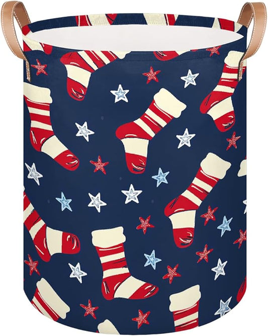 Sock Pattern Stars Laundry Basket Foldable Laundry Baskets With Leather Handles for Bedroom Bathroom Toys Decorative Basket