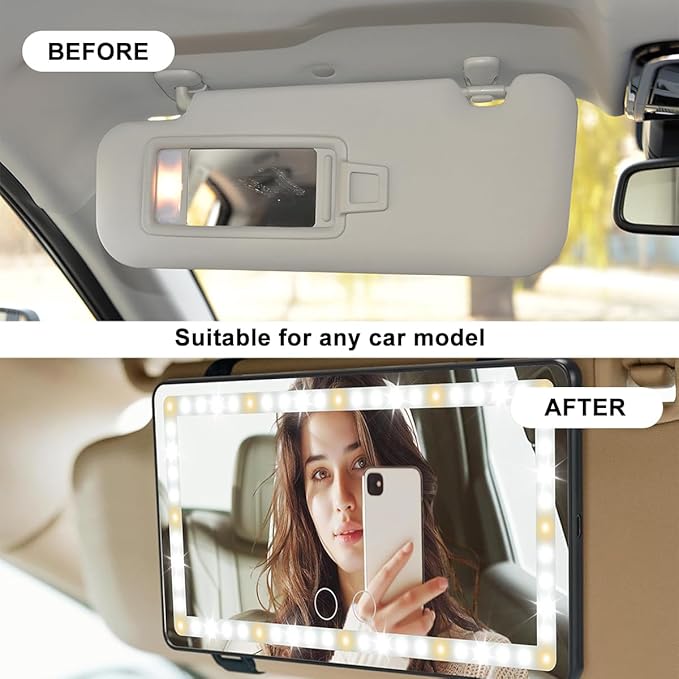 LED Car Sun Visor Vanity Mirror, Dimmable Rechargeable Vehicle Touch Screen Cosmetic Mirror with 3 Light Modes & 60LEDs, Auto Interior Rear View Makeup Accessories, Universal Fit (White)