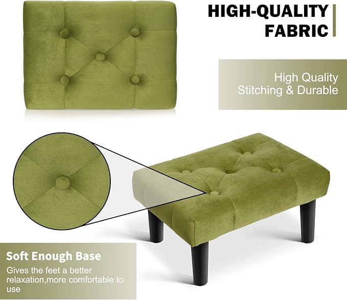 HOUCHICS Small Footstool Ottoman,Velvet Soft Footrest Ottoman with Wood Legs,Sofa Footrest Extra Seating for Living Room Entryway Office(Green 1PACK)