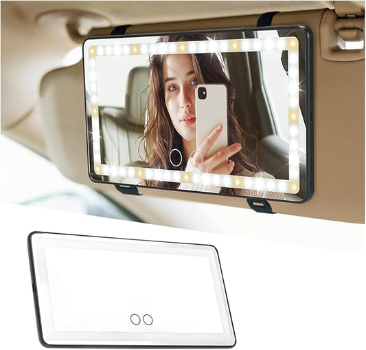 LED Car Sun Visor Vanity Mirror, Dimmable Rechargeable Vehicle Touch Screen Cosmetic Mirror with 3 Light Modes & 60LEDs, Auto Interior Rear View Makeup Accessories, Universal Fit (Black)