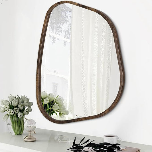 Asymmetrical Mirror Irregular Oval Wall Mirror Modern Wood Frame Unique Shape Wall Mounted Vanity Artistic Mirror Decorative for Living Room Bedroom Bathroom Entryway Hallway 14"x10"