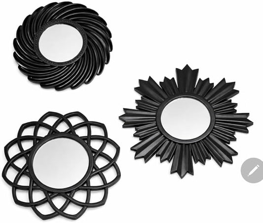 Ornate Mirror Cluster, Set of 3, Black Color, Decorative Wall Mirrors with Sunburst and Geometric Designs