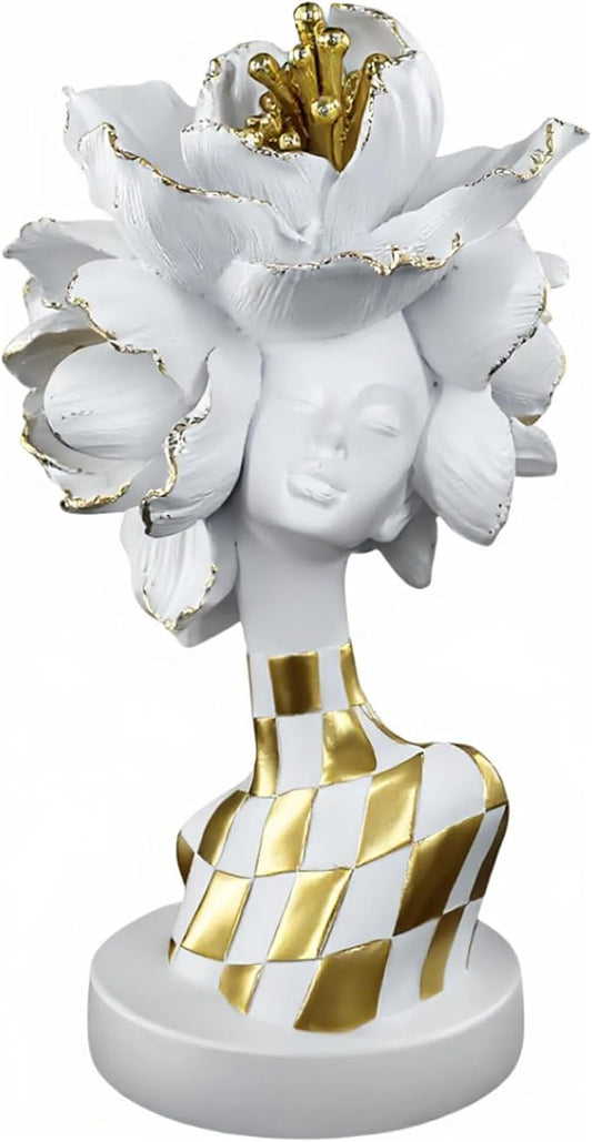 White and Gold African Lady Sculpture – Elegant Resin Figurine with Floral Crown, Modern African Art Decor for Living Room, Cultural Gift for Women