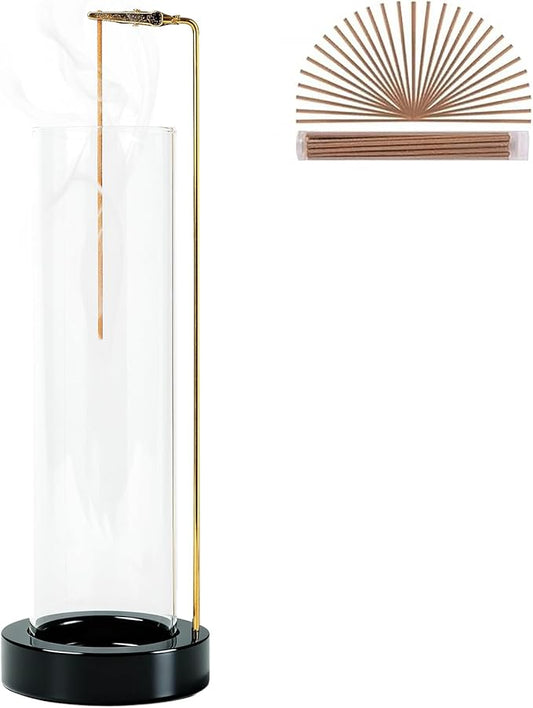 Incense Holder for Sticks, Anti-Ash Flying Incense Burner with 30 Incense Sticks, Detachable Glass Ash Catcher (Stainless Steel, Black)