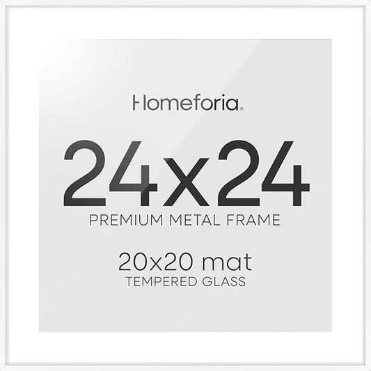 Homeforia 24x24 Picture Frame White, High End Metal 24 x 24 Large Square Poster Frame Matted to 20 x 20 in Photo, 24by24 Thin White Frames with Mat 20x20 inch Print, Tempered Glass, Wall Kit, Set of 1
