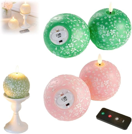 Flameless Spring Carved Spheres, Flameless LED Candles with Remote Control & 6-Hour Timer, Carved Sphere Design for Romantic Ambiance, Cozier Glow Candles for Valentine's Day, Wedding