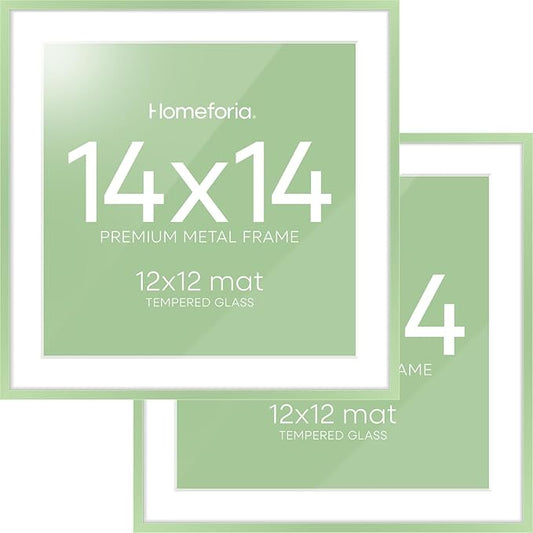 Homeforia 14x14 Picture Frame Sage Green, High End Metal 14 x 14 Square Poster Frames with Mat 12 x 12 Photo, 14x14 Frame Matted to 12x12 Art, 14by14 Hanging Frames, Tempered Glass, Wall Kit, Set of 2