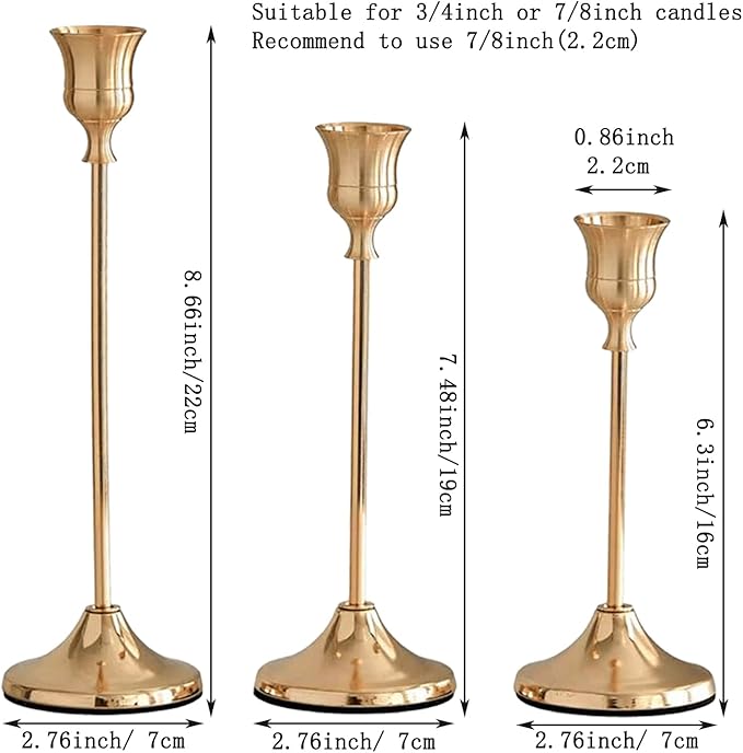 Gold Candlestick Holders 1 Set(3 Pcs)- Brushed Metal Taper Candle Holders with Anti-Slip Base, Vintage Brass Candle Stick Holder for Wedding Centerpieces, Dining Table, Fireplace & Mantel Dec
