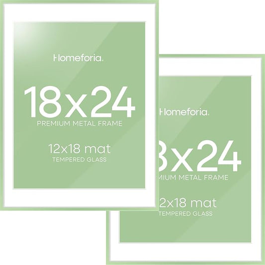 Homeforia 18x24 Frame Sage Green, High End Metal 18x24 Poster Frames with Mat 16x20 inch Photo, 18 x 24 Sage Green Picture Frame Matted to 16 by 20 Art, 24x18 Frame, Tempered Glass, Wall Kit, Set of 2