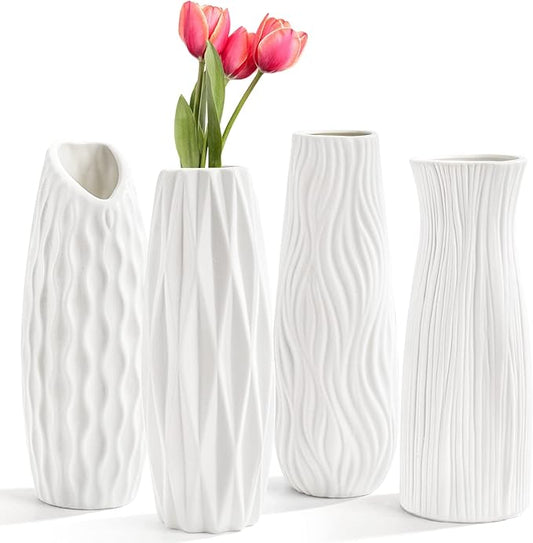 Peohud 4 Pack White Ceramic Vases, 9.5 Inch Tall Flower Vases for Home Decor, Modern Minimalist Floral Vase for Table Shelf Bedroom Kitchen Living Room Centerpieces