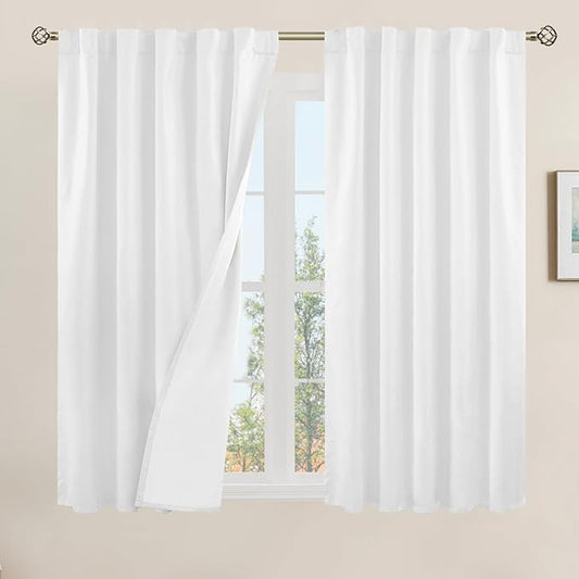 LAMIT 100% Blackout Linen Curtains 54 Inch Length, Linen Textured Thermal Curtains Back Tab and Rod Pocket Neutral Panels with White Liner for Small Window, 2 Panels, 42 x 54 Inch, White