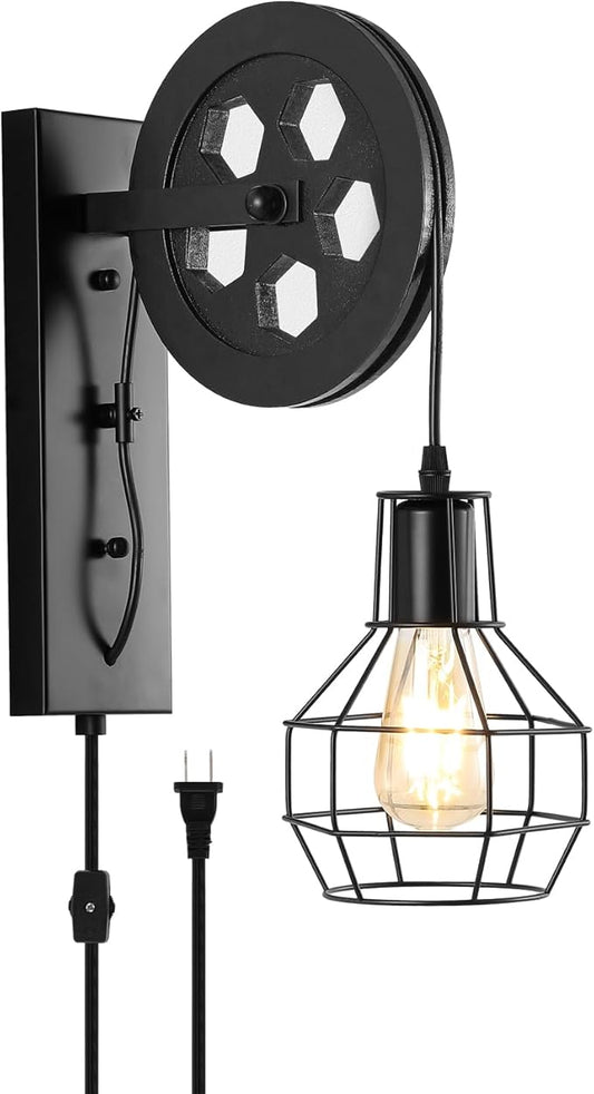 Plug in Wall Sconce Rustic Wall Light Lift Pulley Matte Iron Cage Shade Metal Black Industrial Mid Century Wall Lamp Indoor Lighting Barn Restaurant