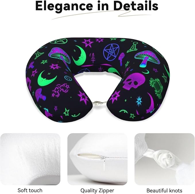 Funny Neck Pillow Support for Car Flight Rest Witch Frogs Goth Moon Skull Mushroom, Memory Foam U Shaped Decor Head Cushion for Home Outdoors Travel
