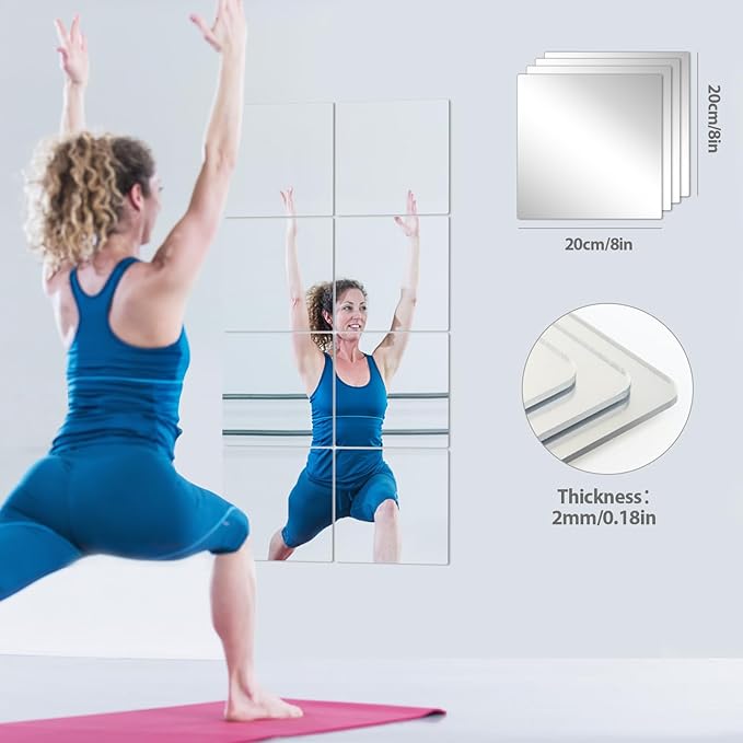 Abyssaly 10 Pack Acrylic Mirror Tiles, 11.8" x 11.8" Stick on Mirrors for Wall, Flexible Plastic Mirror Sheets Wall Stickers Small Espejos for Bedroom Home Gym Door