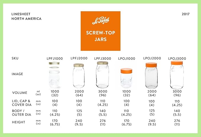 Le Parfait Screw Top Jar Wide Mouth French Glass Jar | Ideal for Food and Soup Storage, Canning, Flour, Brown Sugar, and other Baking Supplies (1L/32oz, Pack of 4, Pine)