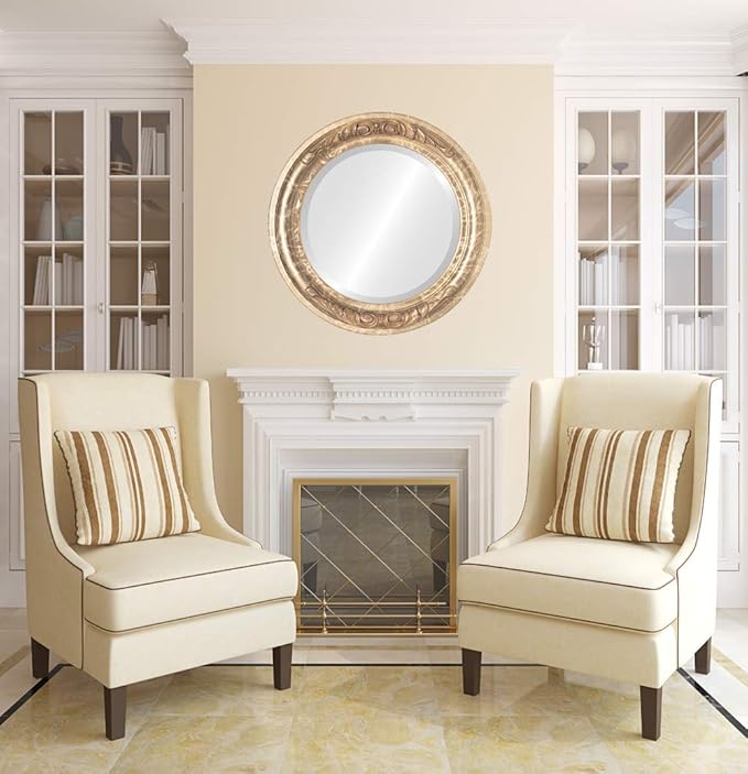 OVALCREST Round Beveled Wall Mirror for Home Decor - Florence Style - Champagne Gold - 18x18 Outside Dimensions