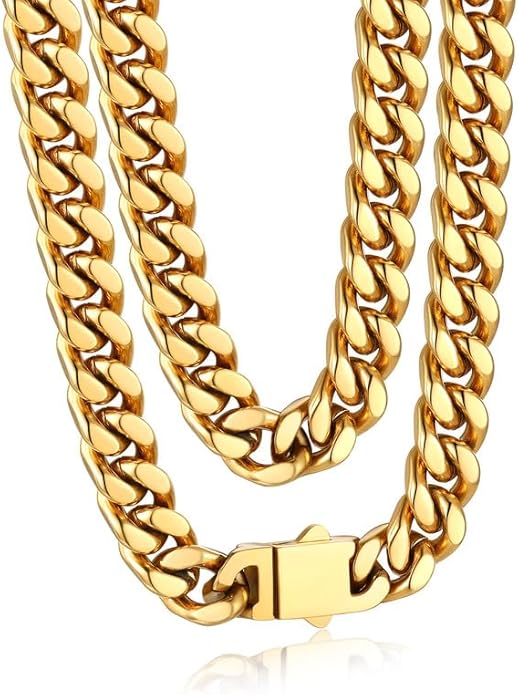 Bandmax Mens Stainless Steel Chain Necklaces 5/7/9/12MM Chunky Miami Cuban Link Chain Necklace Bracelet Silver/Gold Plated/Black Chains for Men 18"-30"