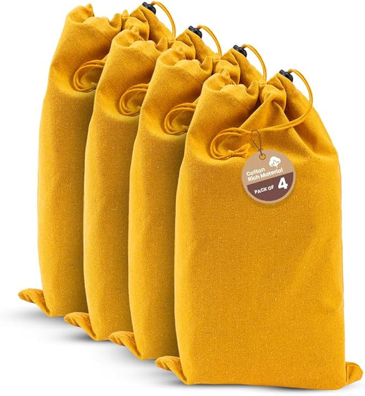 LFH Cotton Rich Shoe Storage Bags with Drawstring, Dustproof Breathable Reusable Organizer, Perfect For Travel, Dorm, Hotel, College, Gym, Easy to Carry, Machine Washable 12"x17" (Pack of 4) - Golden