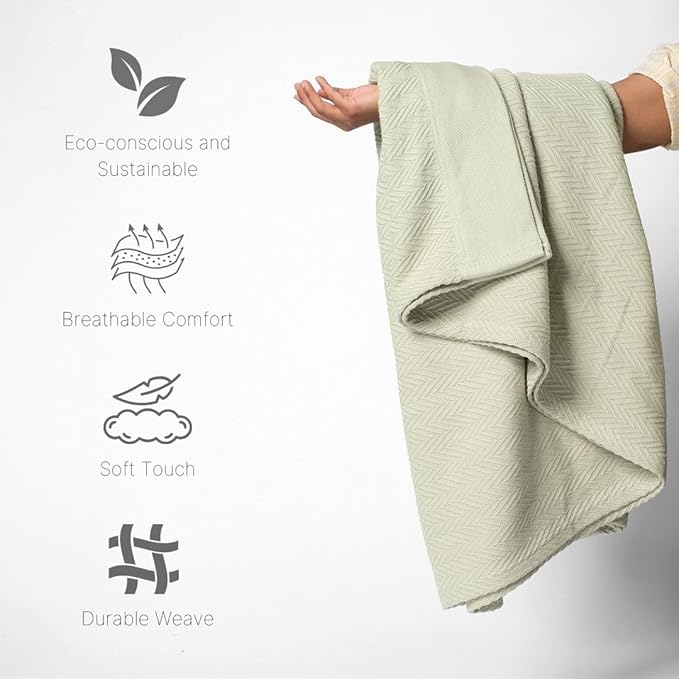 100% Cotton Herringbone Weave Blankets, 108" X 90" King, Throw Blanket for Bed, All Season Cotton Blanket, Cozy Blanket,Throws & Bed Blanket, Throw Blanket for Couch, Modern Home Decor -Sage