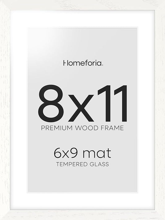 Homeforia 8x11 Picture Frame White, High End Oak 8 x 11 Wood Frames with Mat 6 by 9 Print, 8by11 Wooden Frame Matted to 6x9 inch Photo, 11x8 Wall or Tabletop Frames, Tempered Glass, Wall Kit, Set of 1