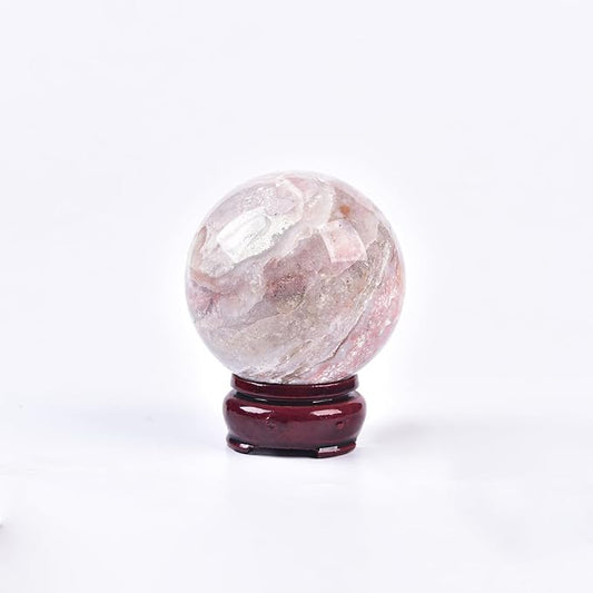 JIC Gem Pink Agate Crystal Ball with Wooden Stand Pink Healing Crystal Sphere Ball for Feng Shui Decor Spiritual Gifts 60-70mm