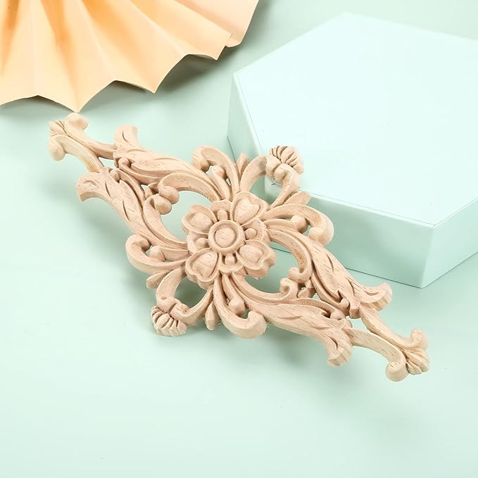 MUXSAM Wood Carved Appliques Furniture Decorative Onlays, 4Pcs Unpainted DIY Center Carving Decal for Door Wall Ceiling Cabinet Dresser Mirror Bed Mantel Bench Decoration, 20x10cm/7.8"x3.94"