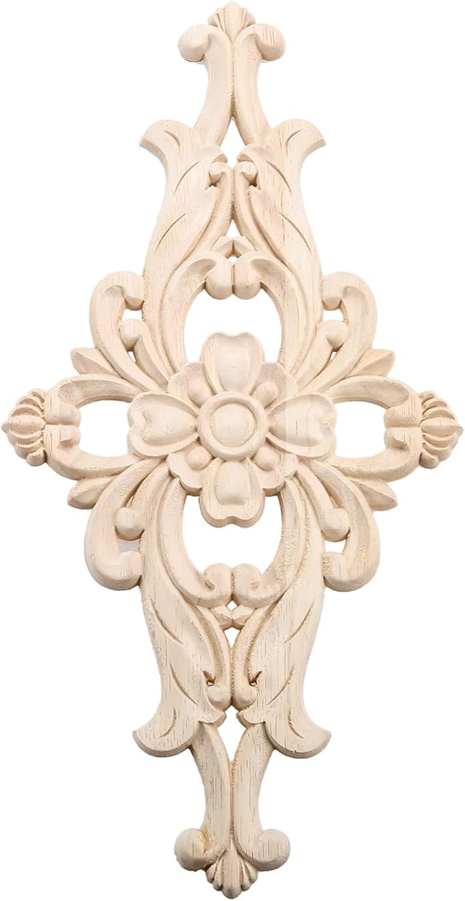 MUXSAM Wood Carved Appliques Furniture Decorative Onlays, 2Pcs Unpainted DIY Center Carving Decal for Door Wall Ceiling Cabinet Dresser Mirror Bed Mantel Bench Decoration, 32x16cm/12.6"x6.3"