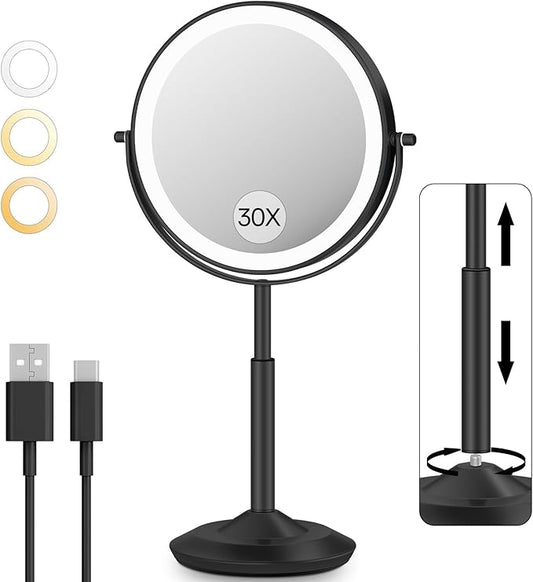 VFD 30X/1X Makeup Mirror with Lights, Height Adjustable Lighted Magnifying Vanity Mirror with 3 Lighting and Adjustable Brightness, 3000mAh Rechargeable Double Sided Switch for Desk Women Gift