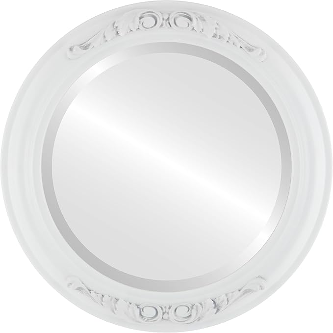 OVALCREST Round Beveled Wall Mirror for Home Decor - Florence Style - Linen White - 28x28 Outside Dimensions
