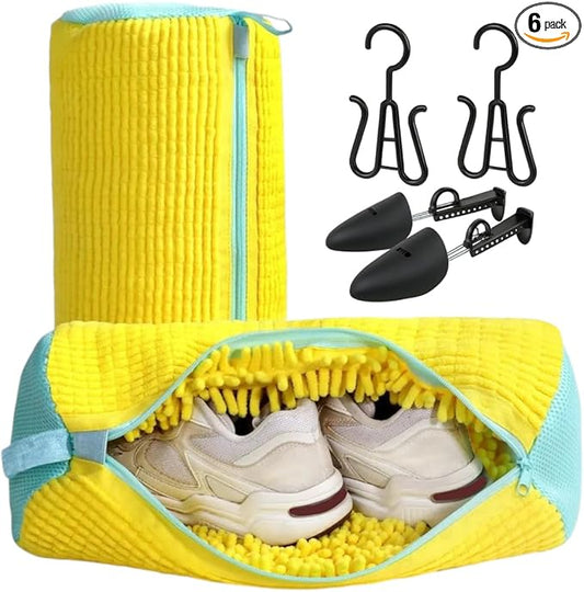 shoe washing machine bag & Drying Set – 2 Reinforced Wash Bags + 2 Dry Hooks + 2 Shoe Shapers for Sneakers & Sports Shoes | Washer & Dryer Safe (6PCS, Yellow Bags)