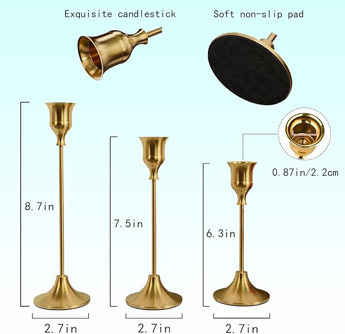 Candle Holder, Modern Minimalist Brass Gold Metal Candlestick Holders, Set of 3 Tall - Elegant Taper Candle Holders for Table Centerpiece, Wedding, Dinner Party Home Decor