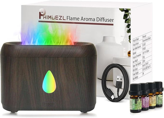 Flame Diffuser for Essential Oils, 200ml Ultrasonic Aroma Diffusers with Cool Mist, Aromatherapy Diffuser with Auto-Off Protection (Dark Wooden Grain(7 Colors), Peppermint+Lavender+Tea Tree+Lemon)