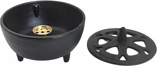 Small Cast Iron Incense Burner Holder, Home Decor, Bowl Design with Decorative Lid, Black Incense for Sticks, Resin, Cone Incense or Wax Melts