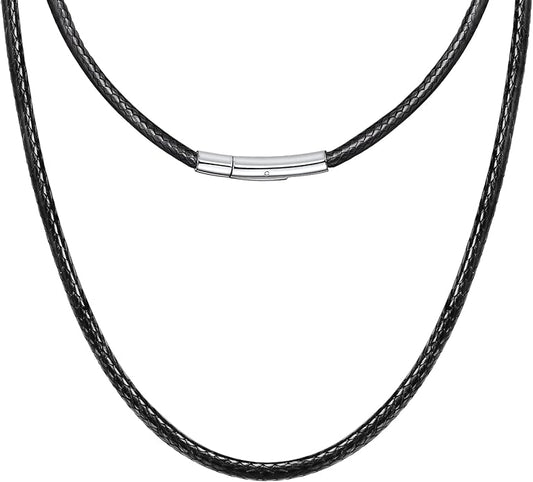 Leather Necklace Cord with Stainless Steel Clasp, Black/Brown Color Waterproof Wax Rope Chain 2mm 3mm Wide Braided Cord String Necklaces for Men Women 16"-30"