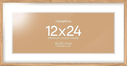 Homeforia 12x24 Wood Frame, High End Natural Oak 12x24 Light Wooden Picture Frame with Mat 8x20, 12 x 24 Poster Frames Matted to 8 by 20 Photo, 24x12 Hanging Frames, Tempered Glass, Wall Kit, Set of 1