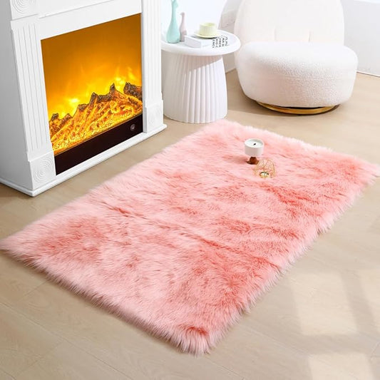 Fluffy Faux Fur Rug Pink Sheepskin Area Rug,3x5 Ft Ultra Soft Shaggy Plush Rug for Bedroom Bedside Living Room Nursery Kids Room