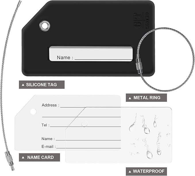 Gostwo 2 Pack Silicone Luggage Tags for Suitcases, 26 Initial Letter Baggage Labels Handbag School Bag Suitcase Instrument Tag with Stainless Steel Loop(Black)(Letter R)