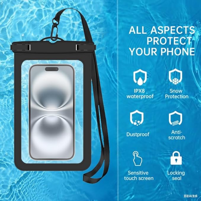 [Up to 6.9" 2 Pack Waterproof Phone Pouch Case,Waterproof Phone Bag for iPhone 17 16 15 14 13 Pro Max Plus Galaxy S25 S24 Ultar Plus+,IPX8 Cellphone Dry Bag Beach Travel Essentials-Black