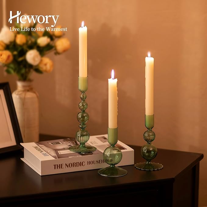 Hewory Glass Candlestick Holders Set: 3PCS Green Candle Holder Taper Candle Holders Bulk, Crystal Ribbed Candle Sticks Holder Decor for Table Centerpiece Wedding Christmas Thanksgiving Dinner