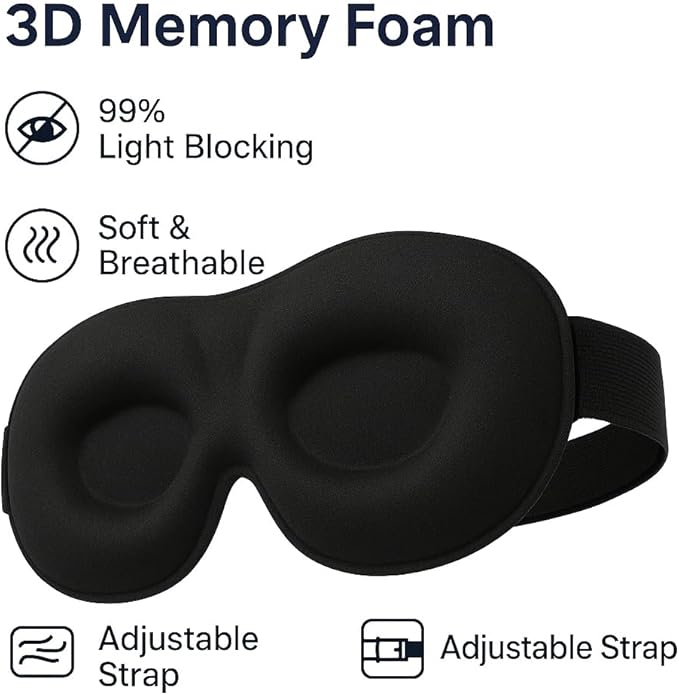 3D Contoured Sleep Mask for Side Sleepers – 100% Light Blocking Memory Foam Eye Mask with Adjustable Strap, Zero Pressure on Eyes, Soft Breathable Material for Deep Sleep & Travel